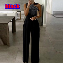 Lizakosht Sexy Solid Off Shoulder Waist Wide Leg Jumpsuit Women Sequin Splicing Office Straight Rompers Fashion Casual Chic Party Playsuit