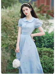 Lizakosht French Vintage Embroidery Dresses for Women's High Quality Short Sleeve Vestidos Blue Summer Peter pan Collar Sweet Dress