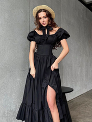 Lizakosht Women's Summer Bubble Short-sleeved Long Dress French Court Style Dress Women's Medieval Elegant Retro A-line Sexy Slit Dresses