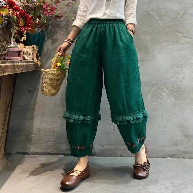Lizakosht Mori series Japan style elastic waist casual ankle-length pants embroidery linen pants