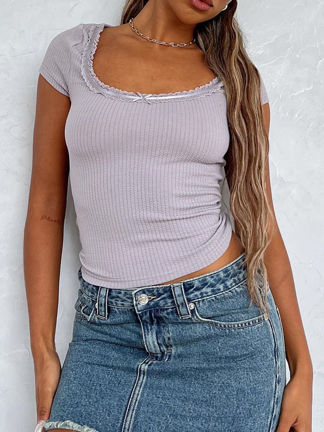 LIZAKOSHT  -  Lace Detail Scoop Neck Short Sleeve T-Shirt