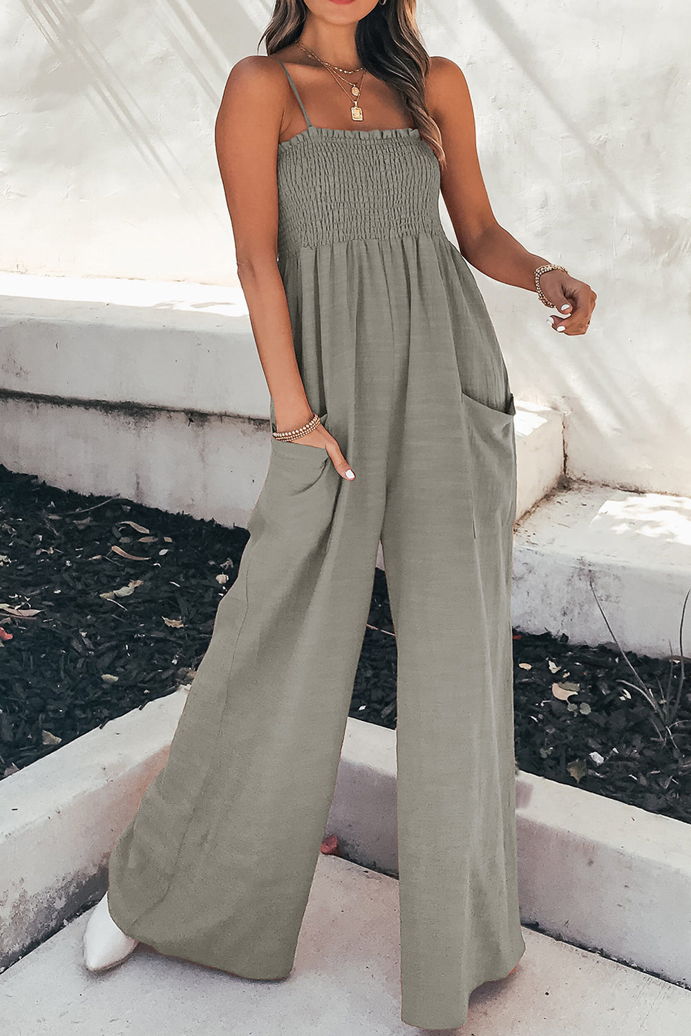LIZAKOSHT  -  Smocked Spaghetti Strap Wide Leg Jumpsuit