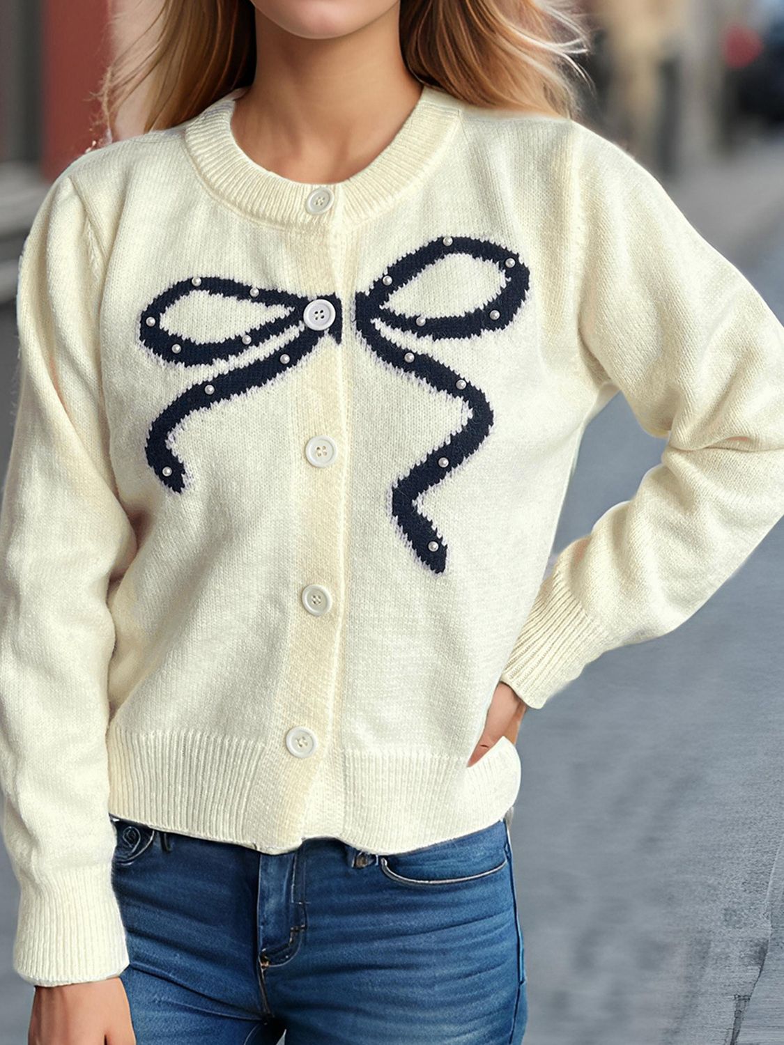 LIZAKOSHT  -  Bow Button Down Round Neck Cardigan
