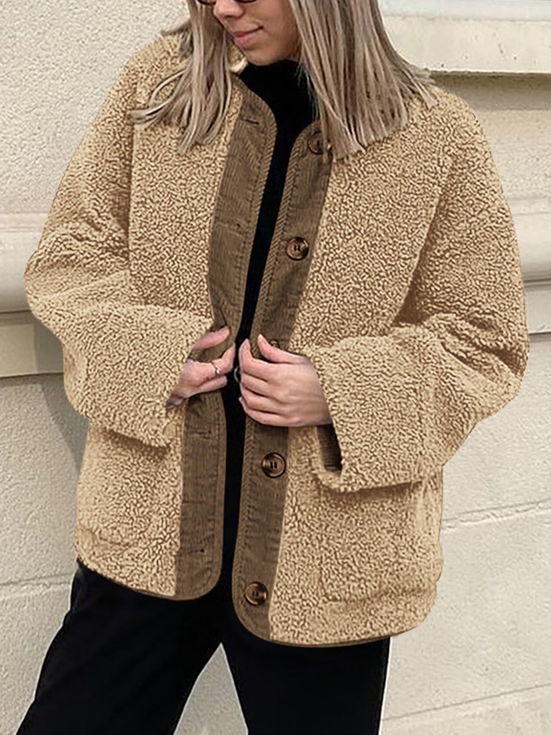 LIZAKOSHT  -  Contrast Button Up Sherpa Jacket with Pockets