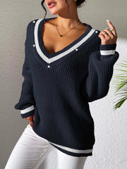 LIZAKOSHT  -  Contrast Trim V-Neck Long Sleeve Sweater