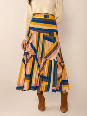 LIZAKOSHT  -  Ruched Elastic Waist Contrast Midi Skirt