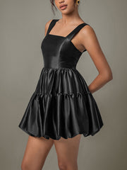 LIZAKOSHT  -  Ruched Square Neck Wide Strap Mini Dress