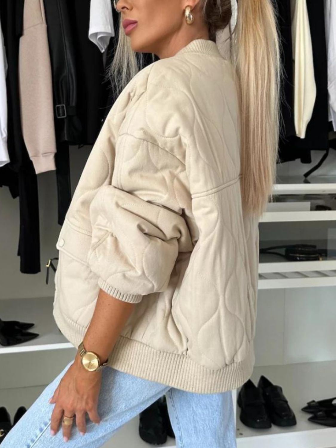 LIZAKOSHT  -  Baseball Collar Snap Down Long Sleeve Jacket