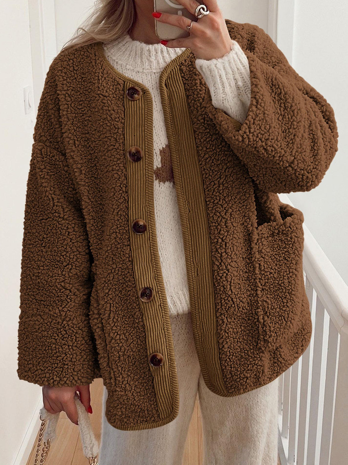 LIZAKOSHT  -  Contrast Button Up Sherpa Jacket with Pockets