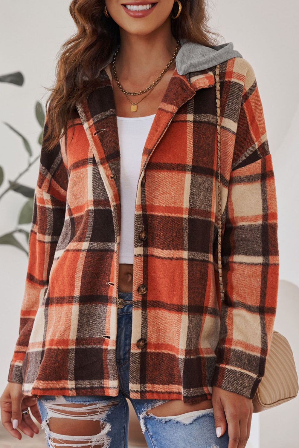 LIZAKOSHT  -  Plaid Button Up Hooded Shacket