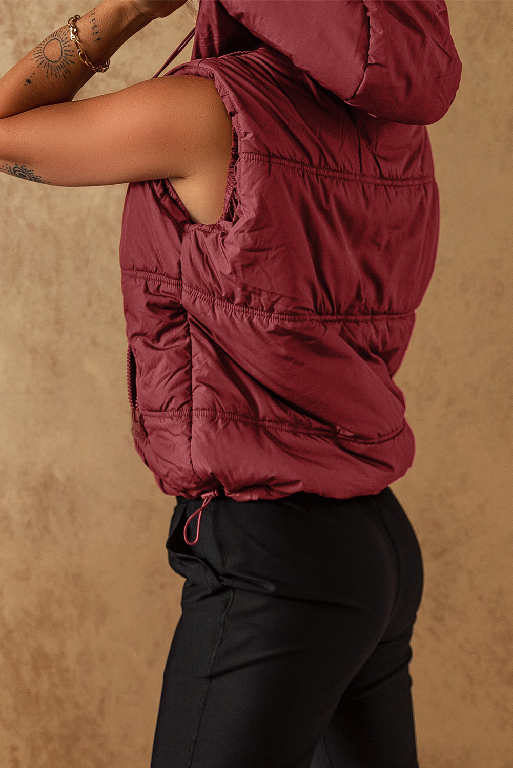 LIZAKOSHT  -  Drawstring Zip Up Hooded Vest Coat