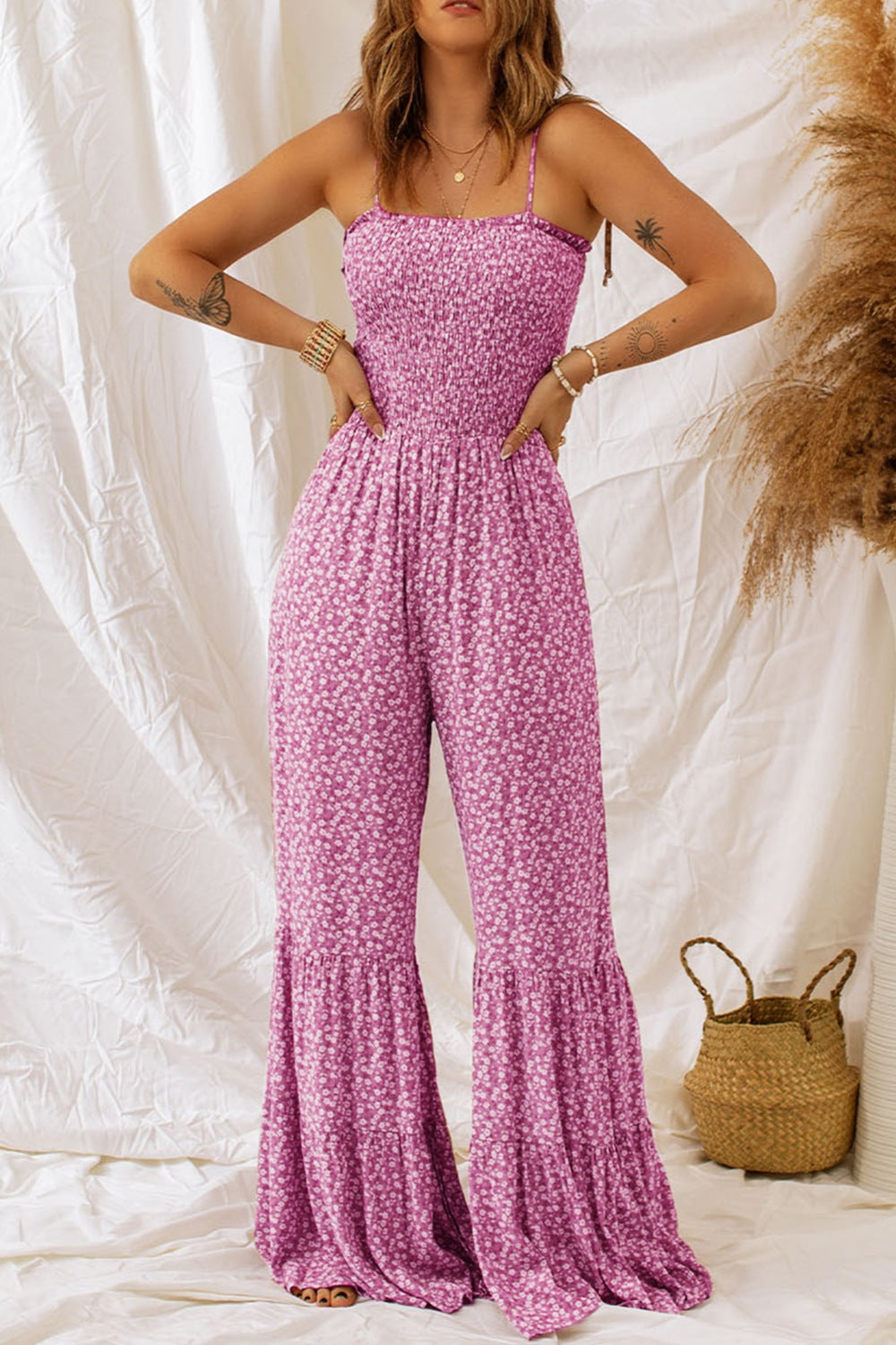 LIZAKOSHT  -  Smocked Printed Wide Strap Jumpsuit