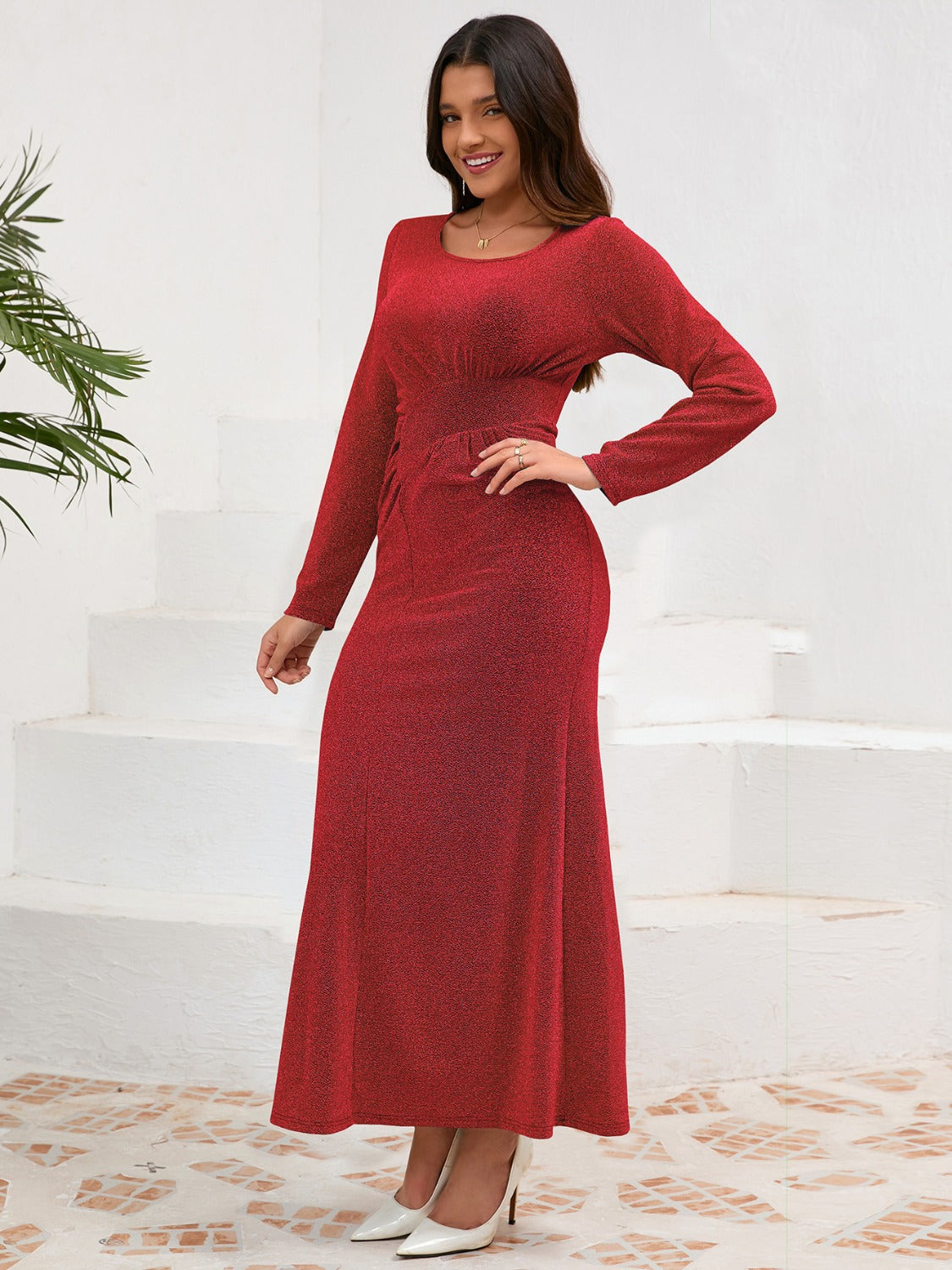 LIZAKOSHT  -  Ruched Round Neck Long Sleeve Dress