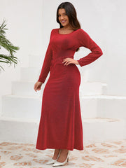 LIZAKOSHT  -  Ruched Round Neck Long Sleeve Dress
