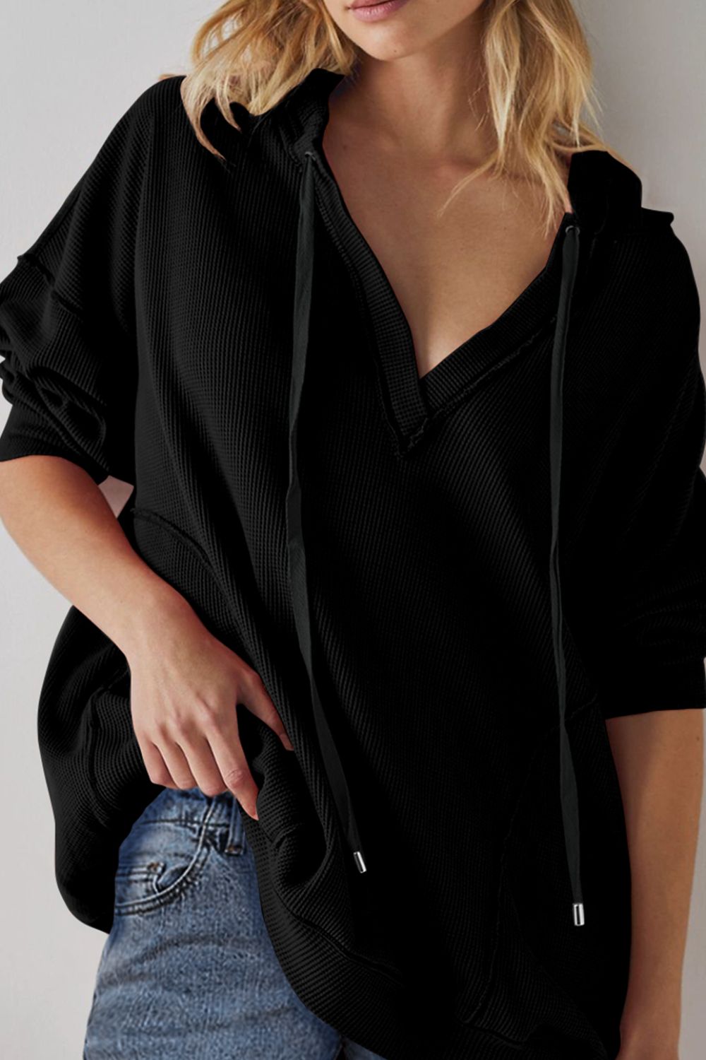 LIZAKOSHT  -  Exposed Seam Drawstring Long Sleeve Hoodie