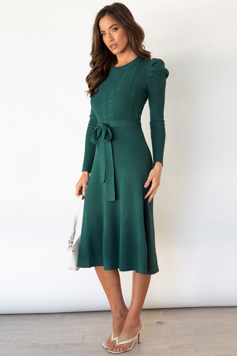 LIZAKOSHT  -  Round Neck Long Sleeve Tie Waist Sweater Dress