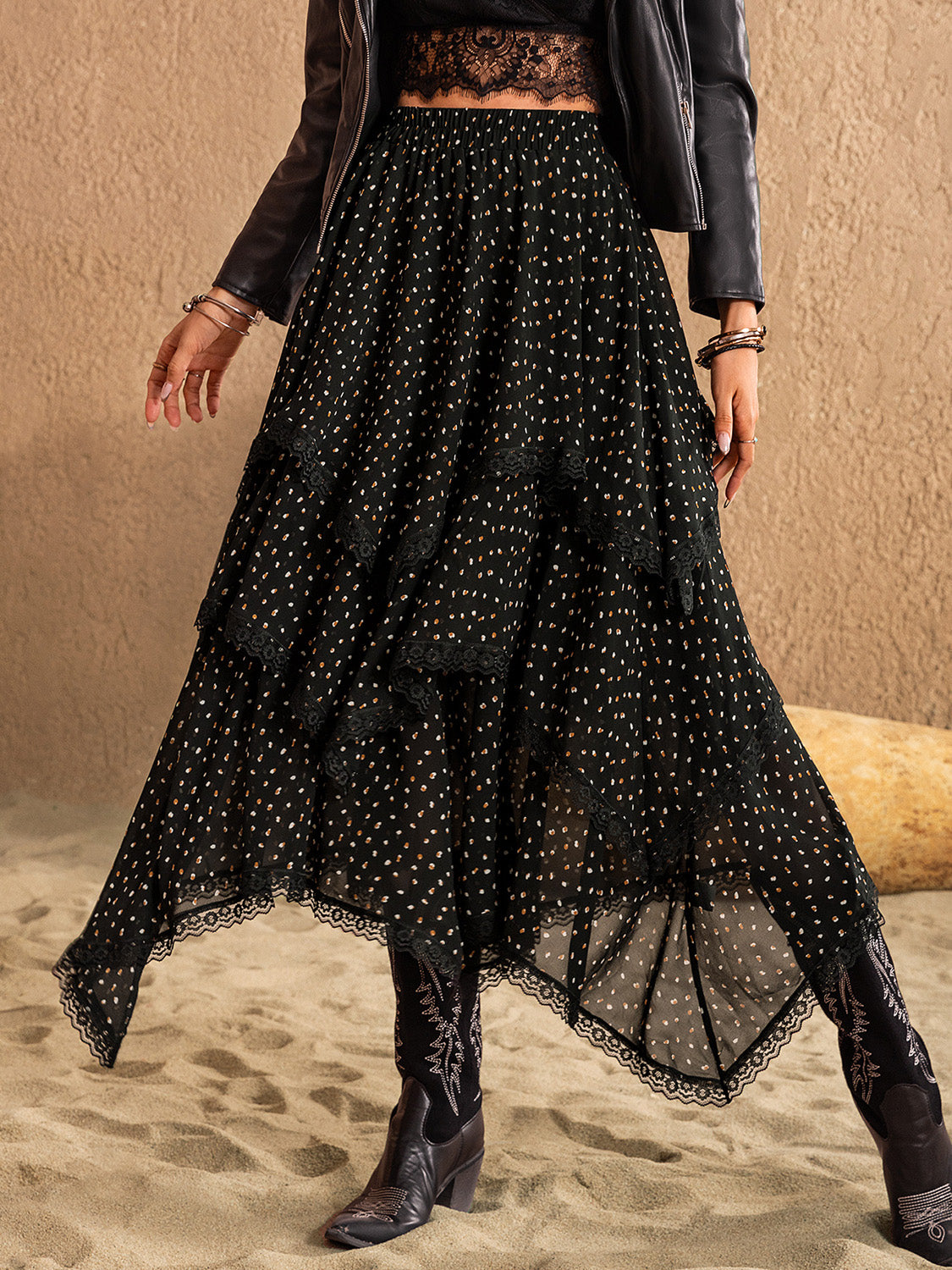 LIZAKOSHT  -  Lace Detail Layered Midi Skirt