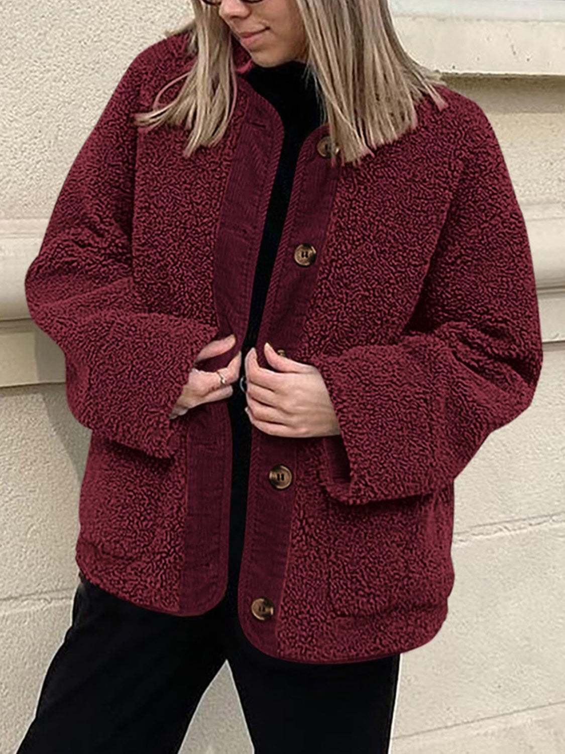 LIZAKOSHT  -  Contrast Button Up Sherpa Jacket with Pockets
