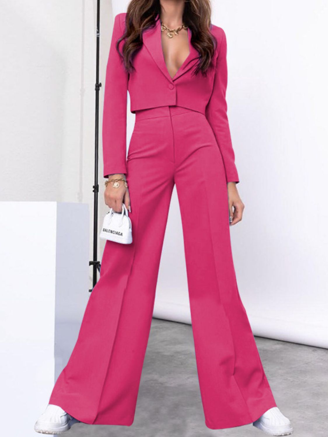 LIZAKOSHT  -  Lapel Collar Cropped Top and Wide Leg Pants Set