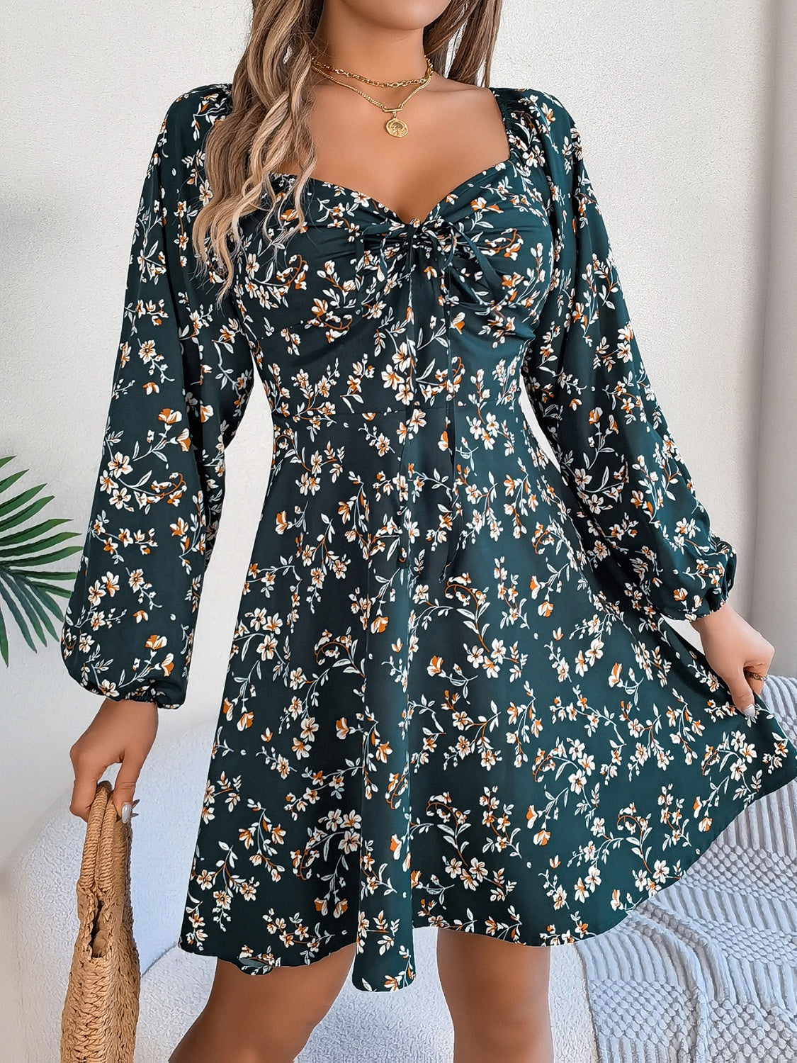 LIZAKOSHT  -  Printed Sweetheart Neck Balloon Sleeve Mini Dress