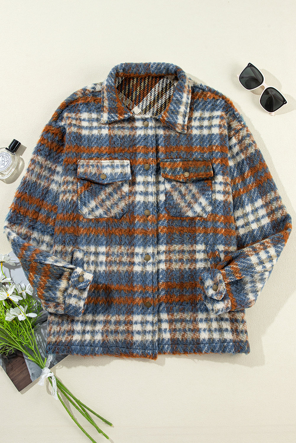 LIZAKOSHT  -  Plaid Collared Neck Jacket with Chest Pockets