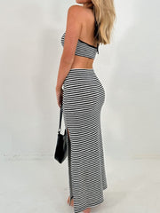 LIZAKOSHT  -  Perfee Striped Halter Neck Top and Slit Skirt Set