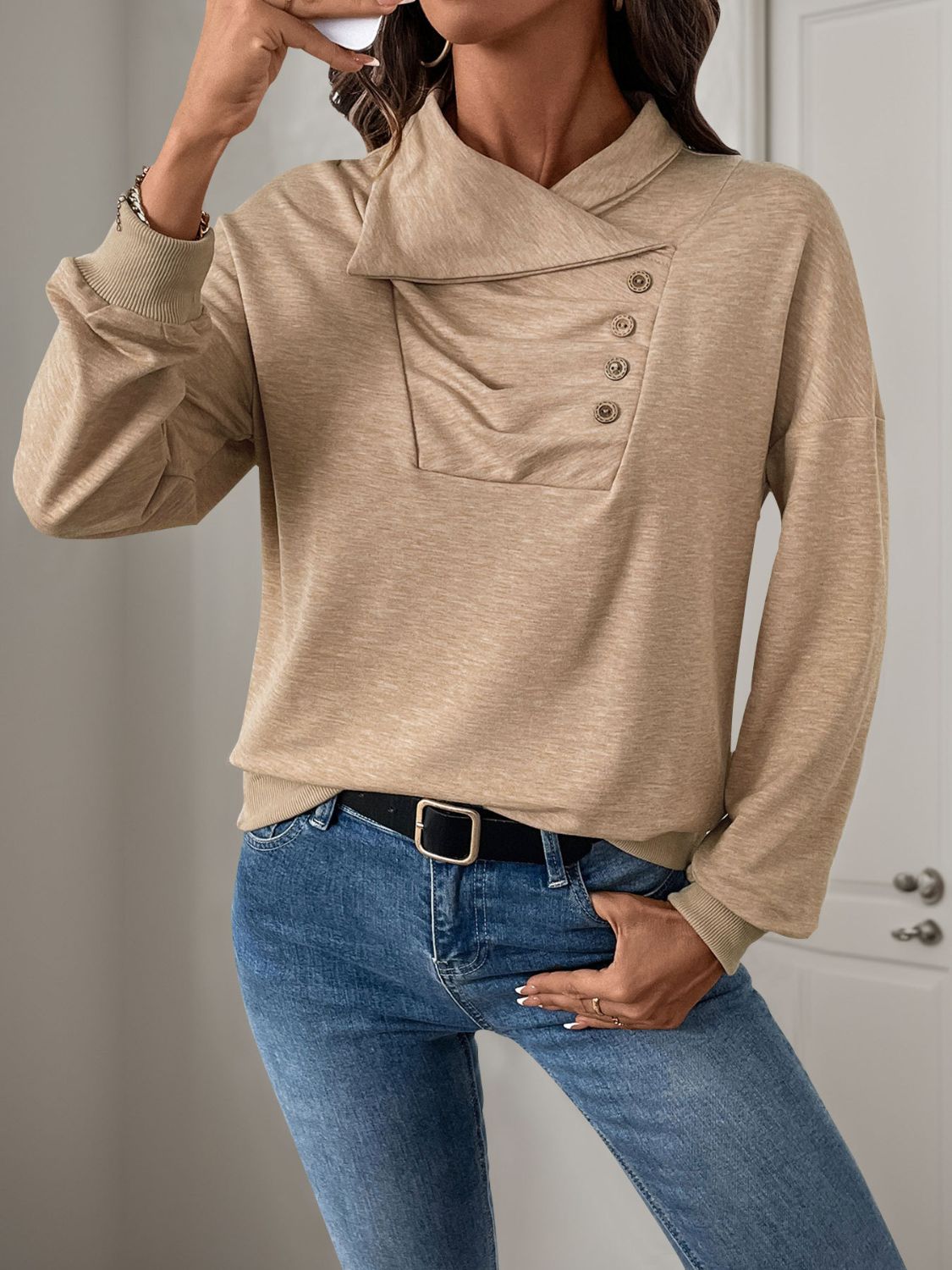 LIZAKOSHT  -  Perfee Asymmetric Mock Neck Long Sleeve Sweatshirt