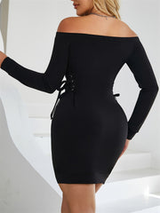 LIZAKOSHT  -  Lace-Up Off Shoulder Long Sleeve Mini Dress