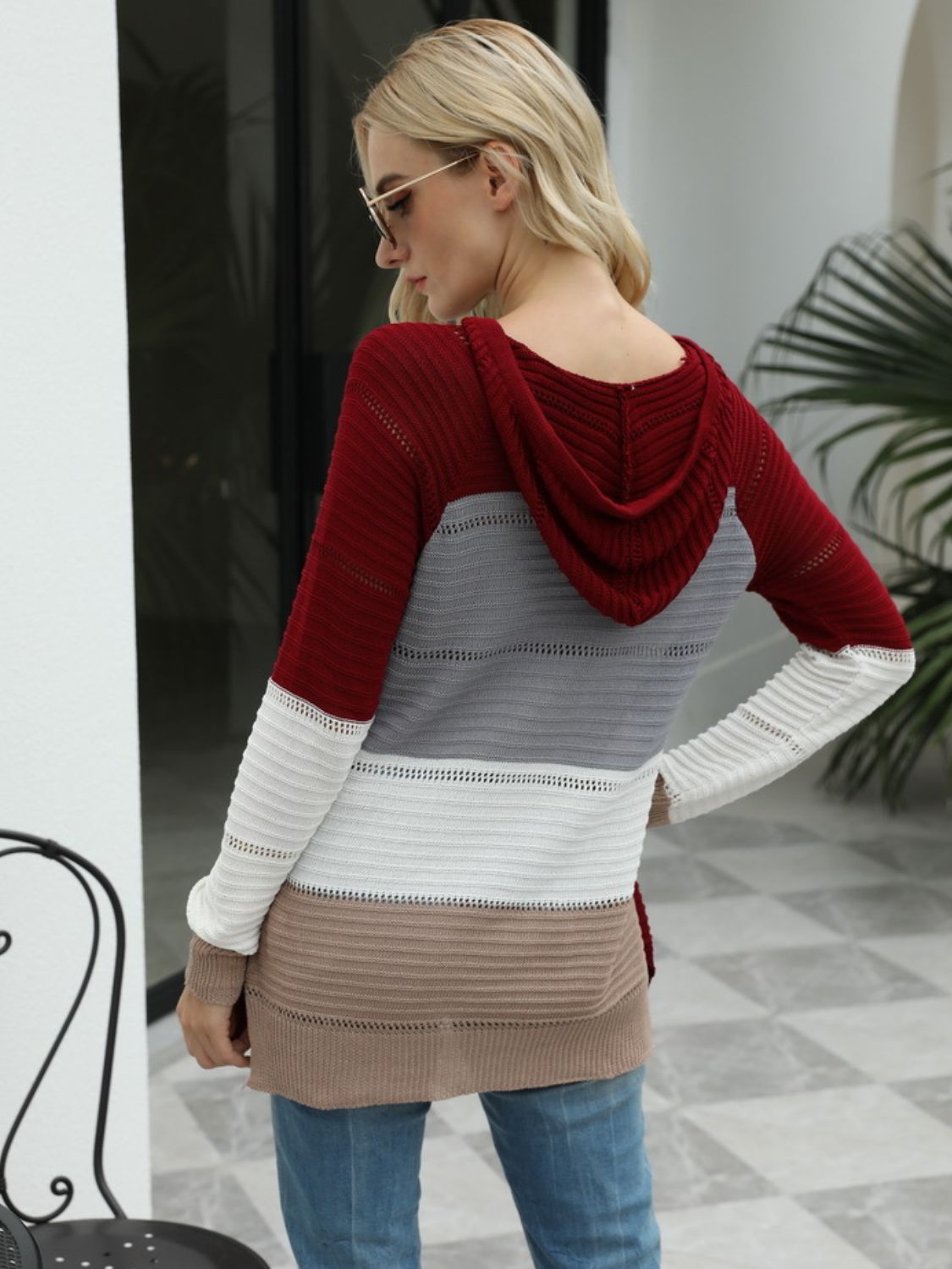 LIZAKOSHT  -  Drawstring Contrast Long Sleeve Hooded T-Shirt