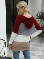 LIZAKOSHT  -  Drawstring Contrast Long Sleeve Hooded T-Shirt