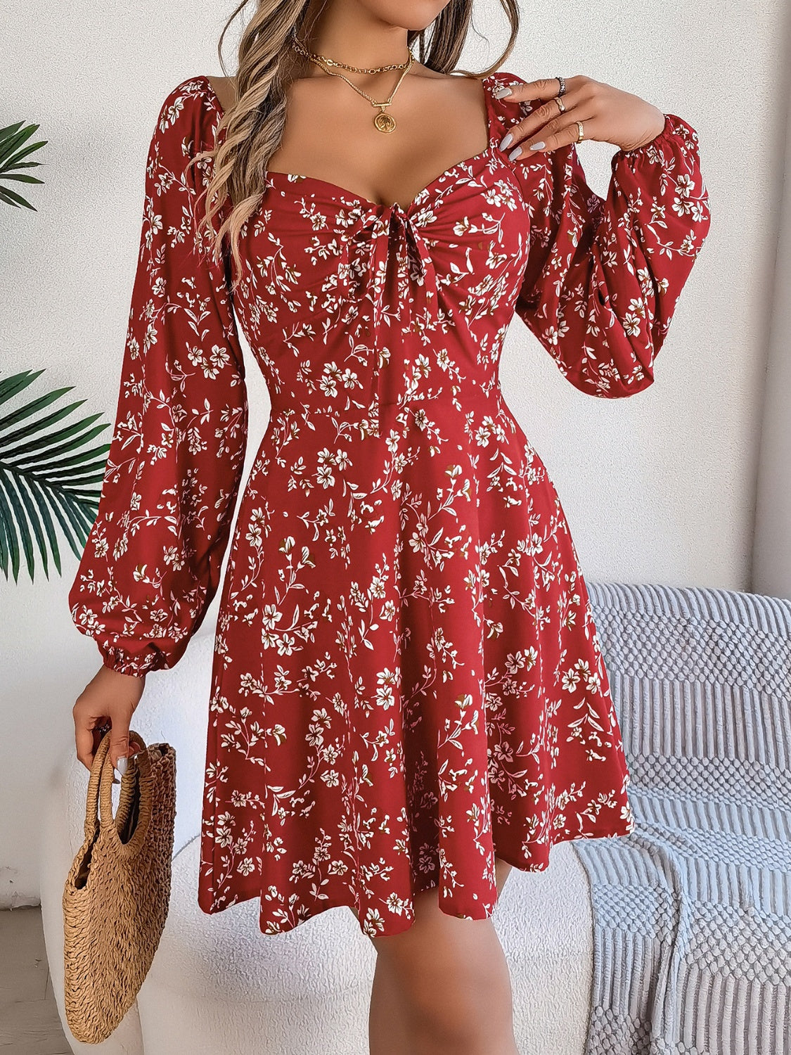 LIZAKOSHT  -  Printed Sweetheart Neck Balloon Sleeve Mini Dress
