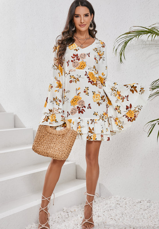 LIZAKOSHT  -  Printed V-Neck Flare Sleeve Mini Dress