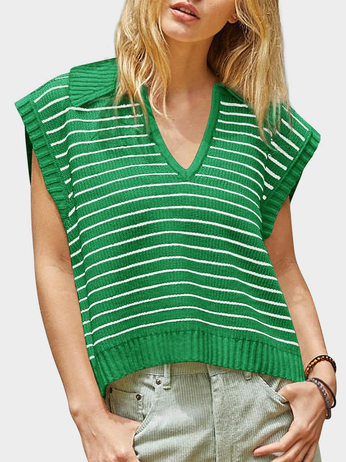 LIZAKOSHT  -  Mandy Collared Neck Striped Sweater Vest