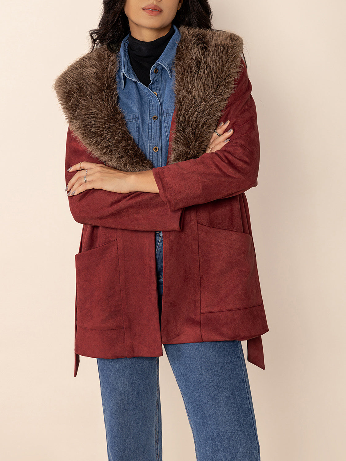 LIZAKOSHT  -  Collared Neck Tie Waist Jacket