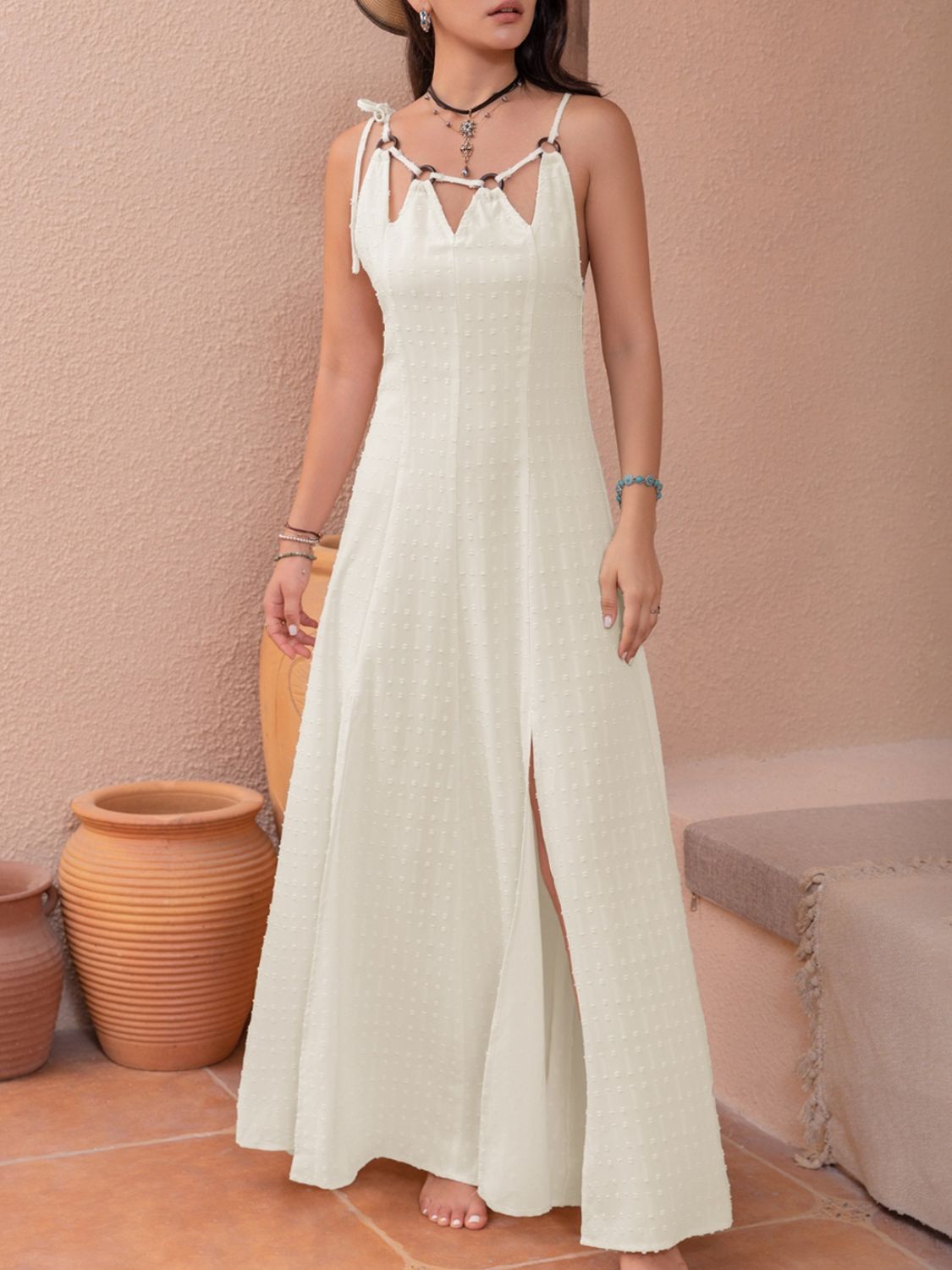 LIZAKOSHT  -  Swiss Dot Cutout Sleeveless Maxi Dress