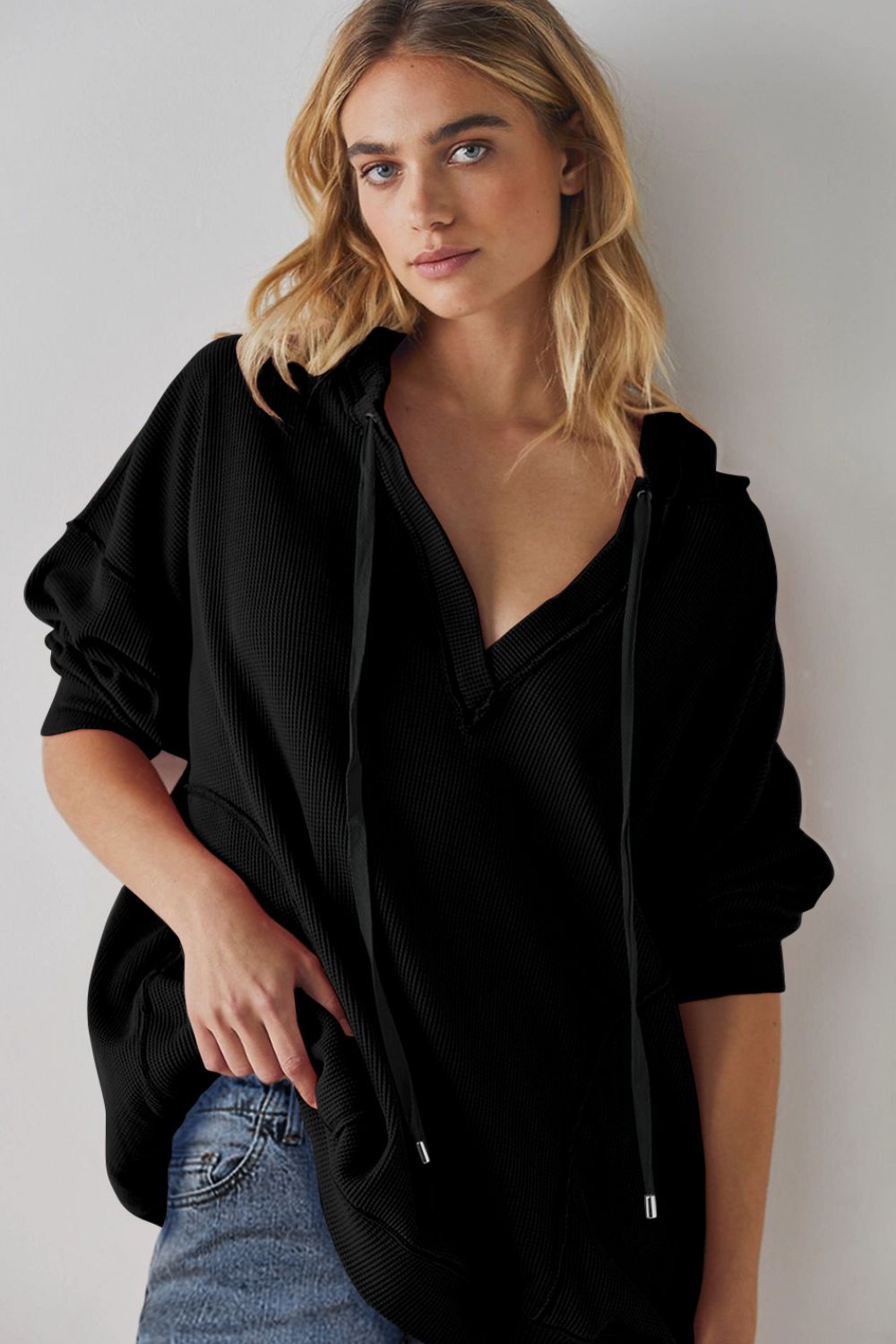LIZAKOSHT  -  Exposed Seam Drawstring Long Sleeve Hoodie