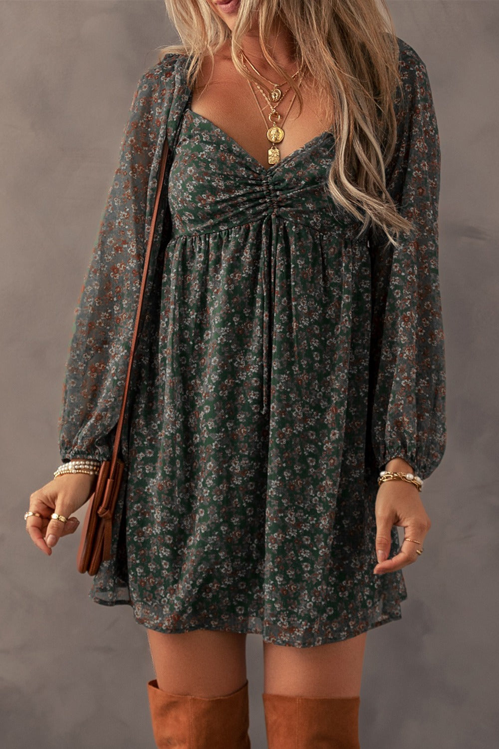 LIZAKOSHT  -  Ruched Printed Long Sleeve Mini Dress