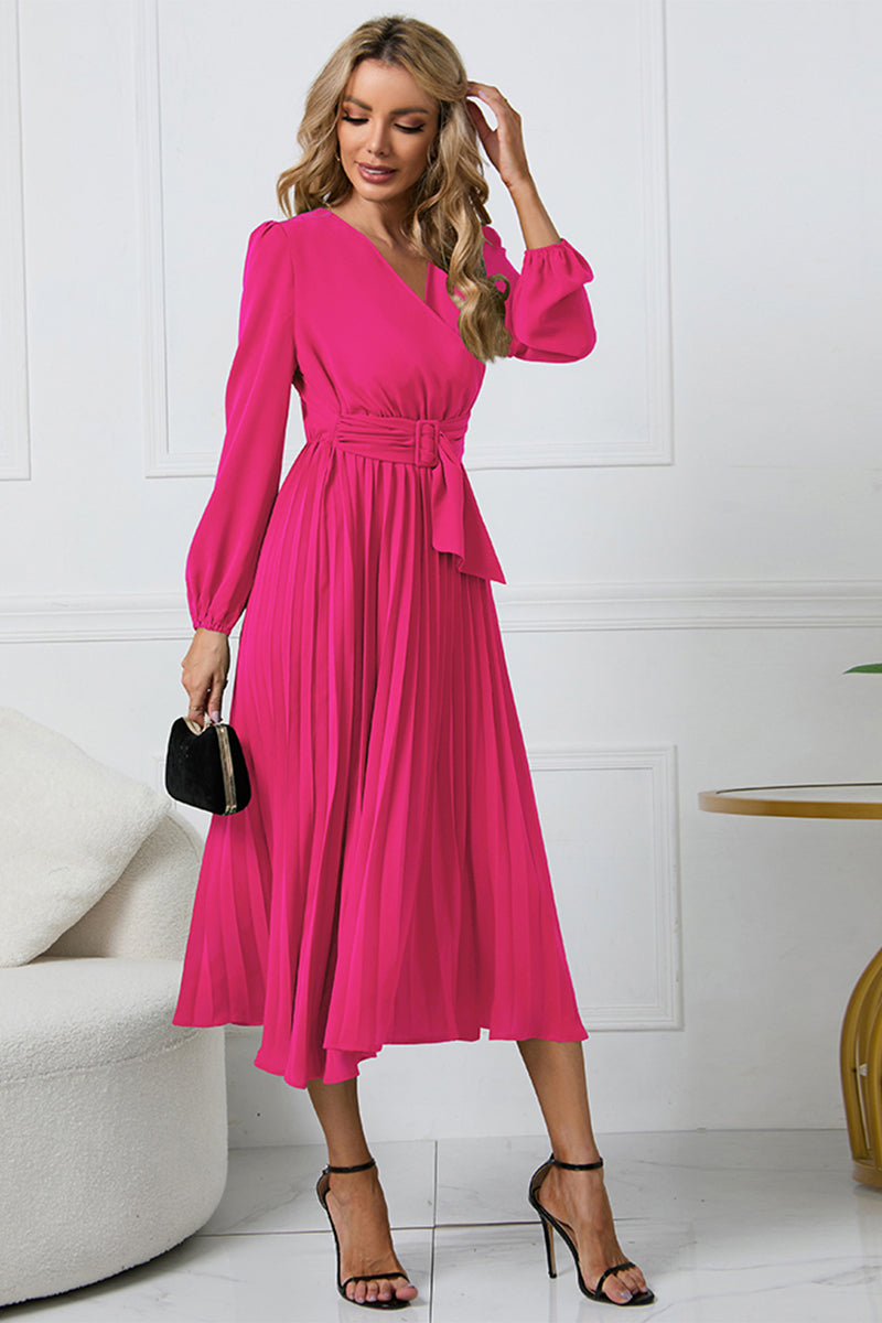 LIZAKOSHT  -  V-Neck Long Sleeve Tie Waist Midi Dress