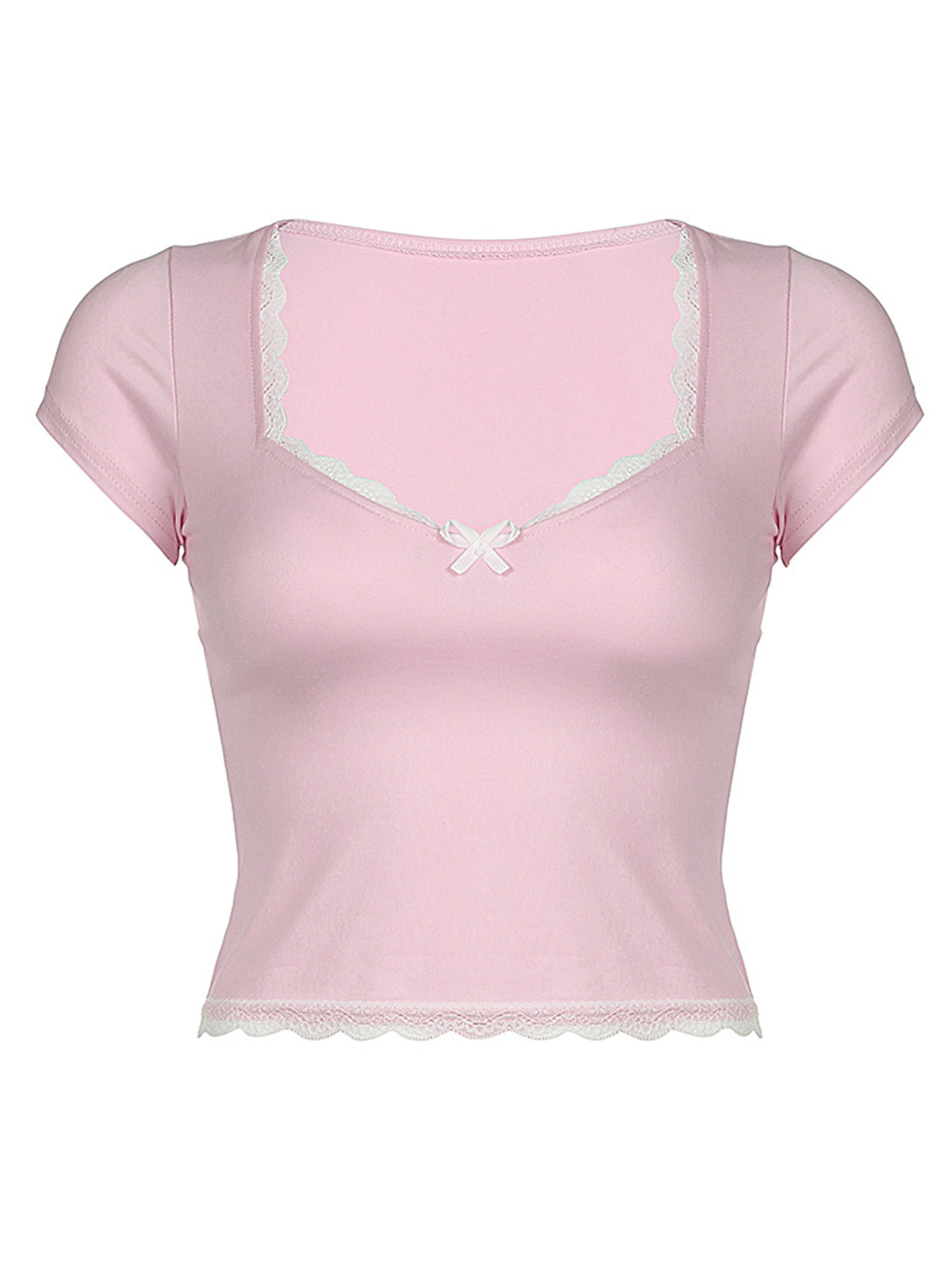 LIZAKOSHT  -  Lace Detail Sweetheart Neck Short Sleeve T-Shirt