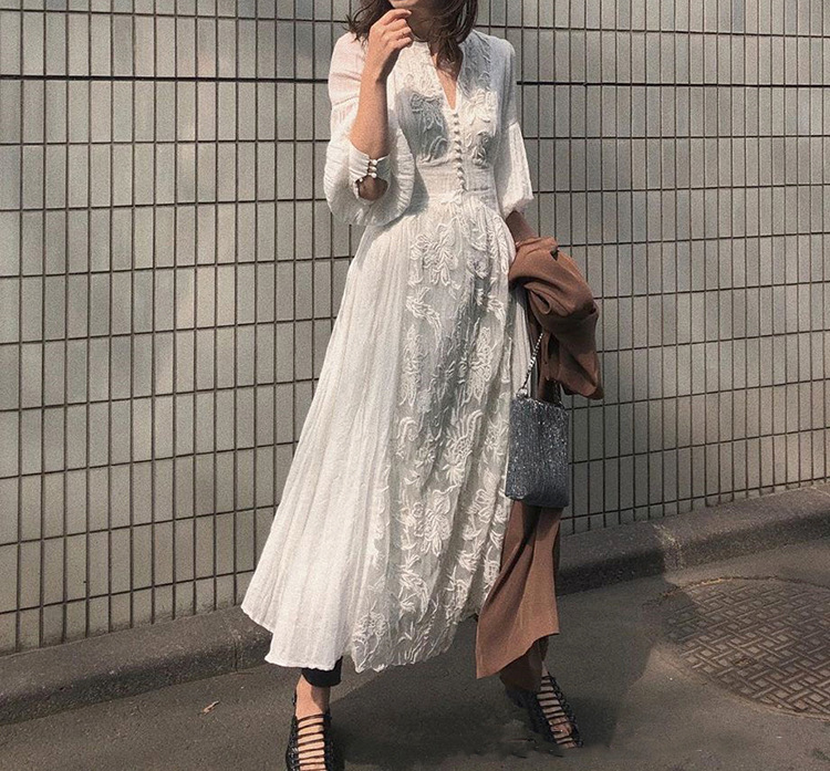 Lizakosht White Floral Embroidery Maxi Dress Vintage Boho Long Lantern Sleeve Dress Women V-neck Holiday Sexy Ladies Dresses