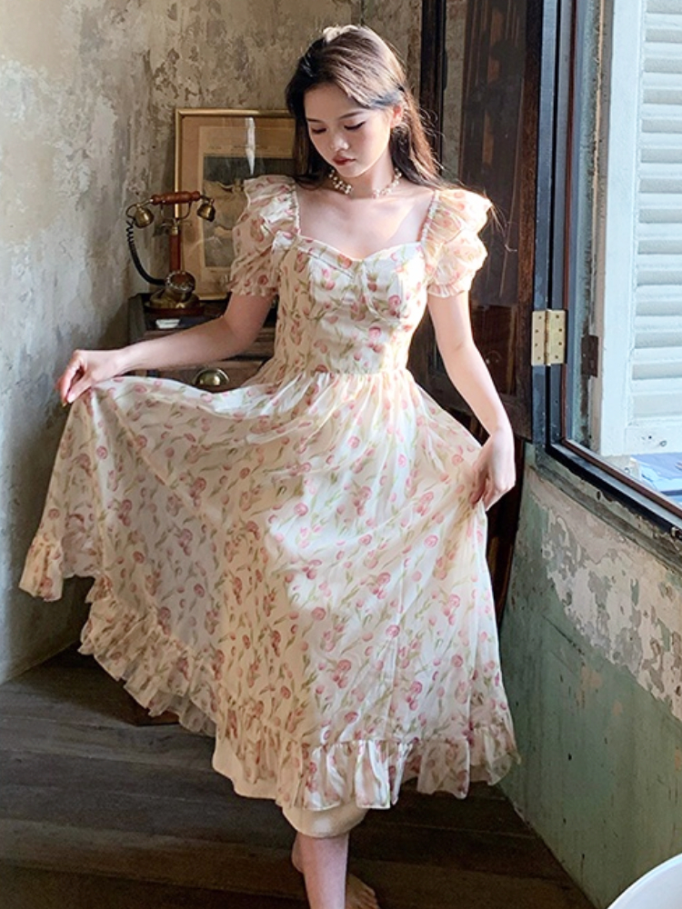 Lolita Ruffle Floral Dress Women Rose Print Sundress E-girl Elegant Korean Fashion Fairy Mini Dress Mori Girl Flower Y2k Robe BF