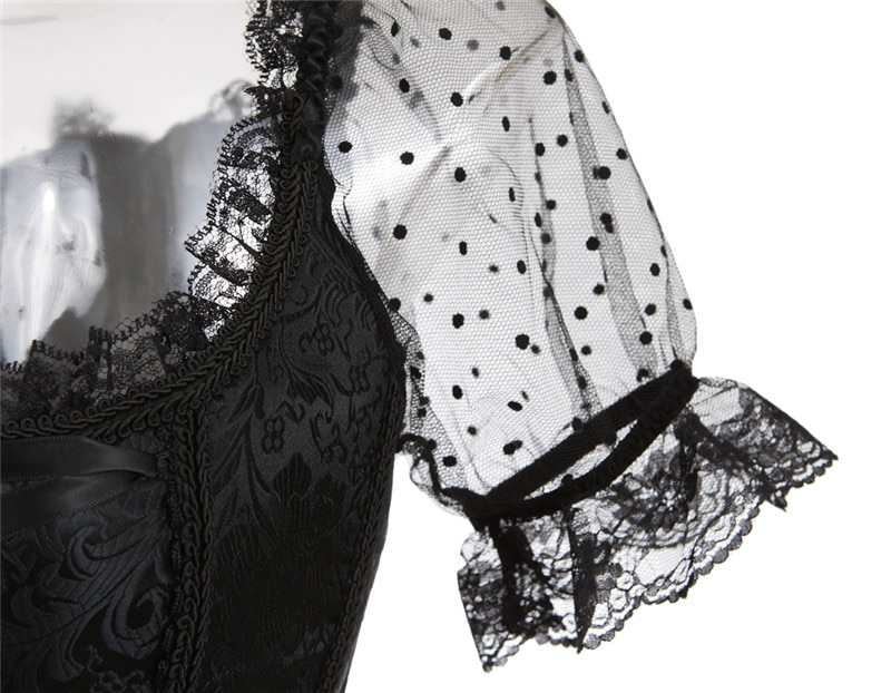 Lizakosht Summer Shirts Women Steampunk Lace Patchwork Tops Short Sleeves Stand Collar Tops Vintage Party Cocktail Gothic Retro Blouse New