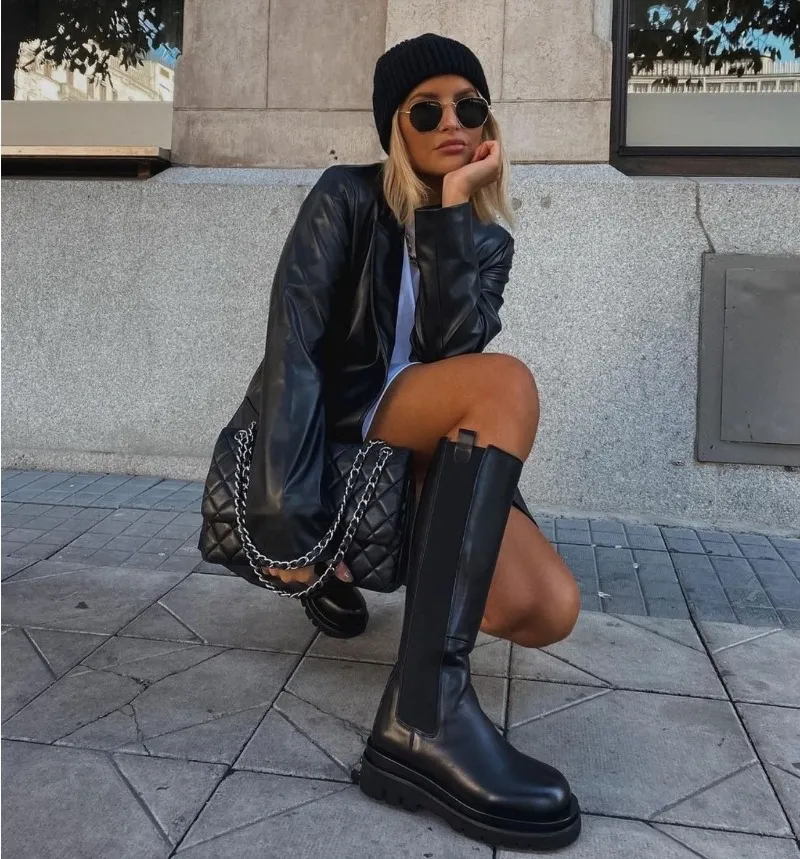 Lizakosht Women Fashion Faux Leather Loose Blazers Coat Vintage Long Sleeve Pockets Back Vents Female Outerwear Chic Tops