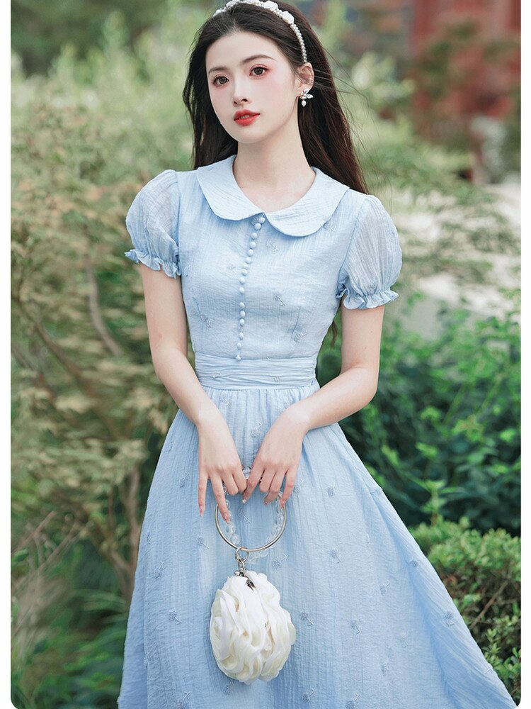 Lizakosht French Vintage Embroidery Dresses for Women's High Quality Short Sleeve Vestidos Blue Summer Peter pan Collar Sweet Dress