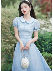 Lizakosht French Vintage Embroidery Dresses for Women's High Quality Short Sleeve Vestidos Blue Summer Peter pan Collar Sweet Dress