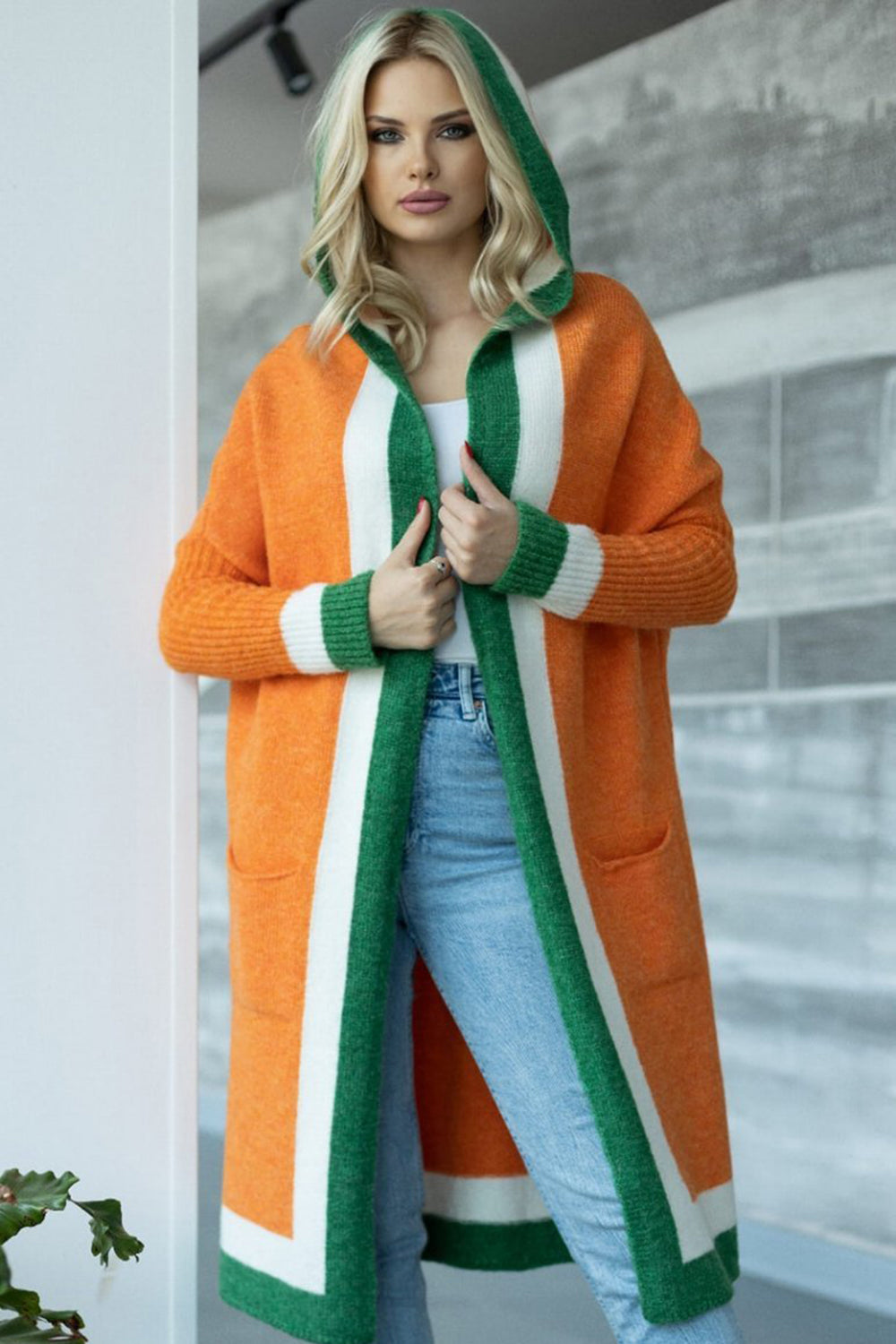LIZAKOSHT  -  Pocketed Contrast Long Sleeve Hooded Cardigan