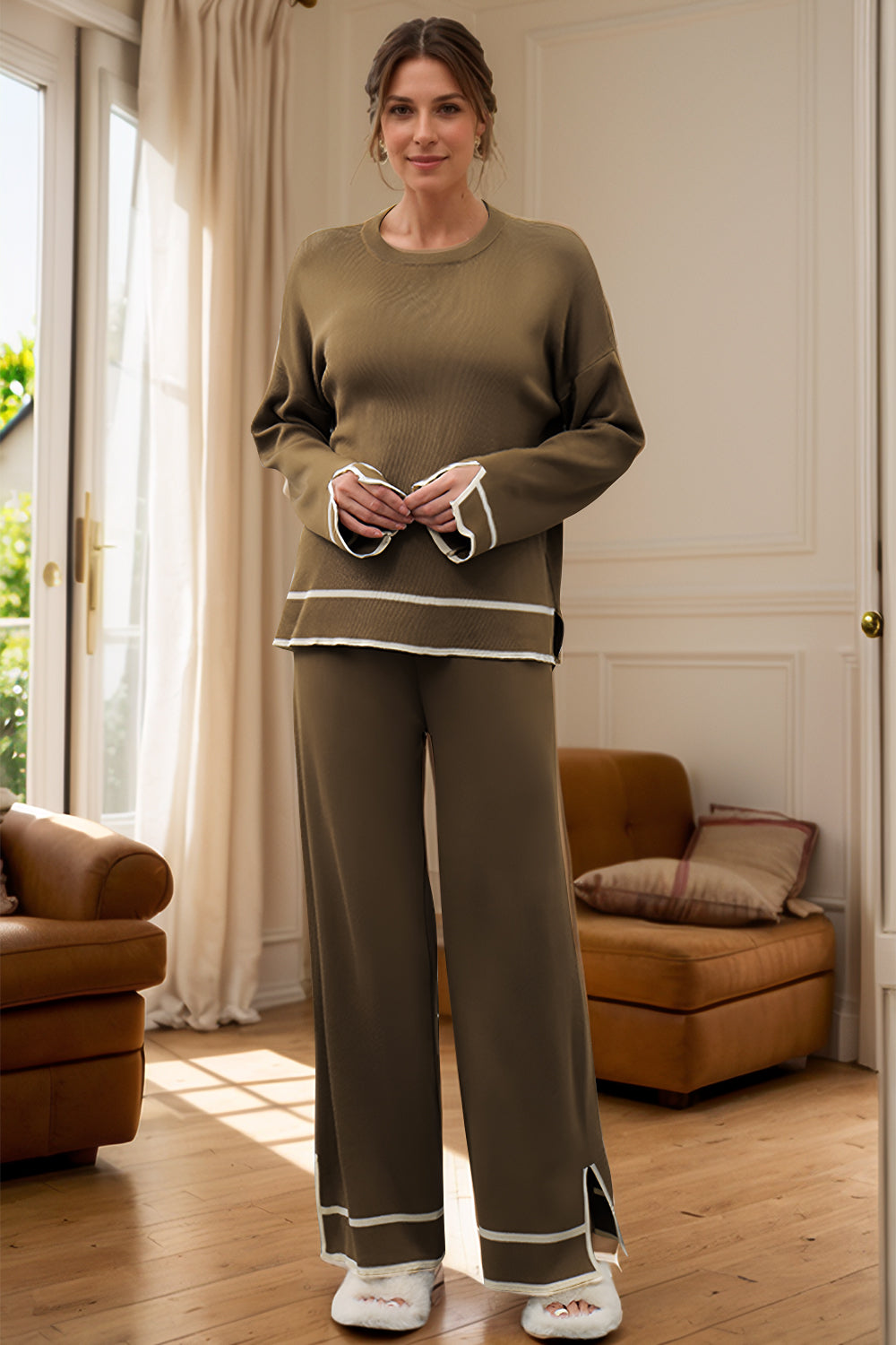 LIZAKOSHT  -  High-Low Round Neck Top and Pants Sweater Set