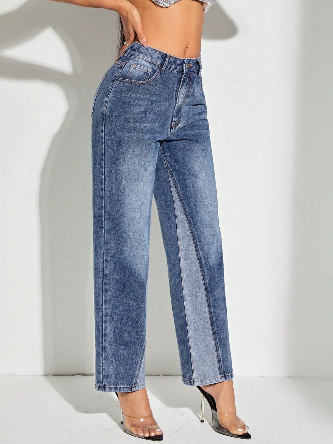 LIZAKOSHT  -  Contrast Patchwork Straight Jeans with Pockets