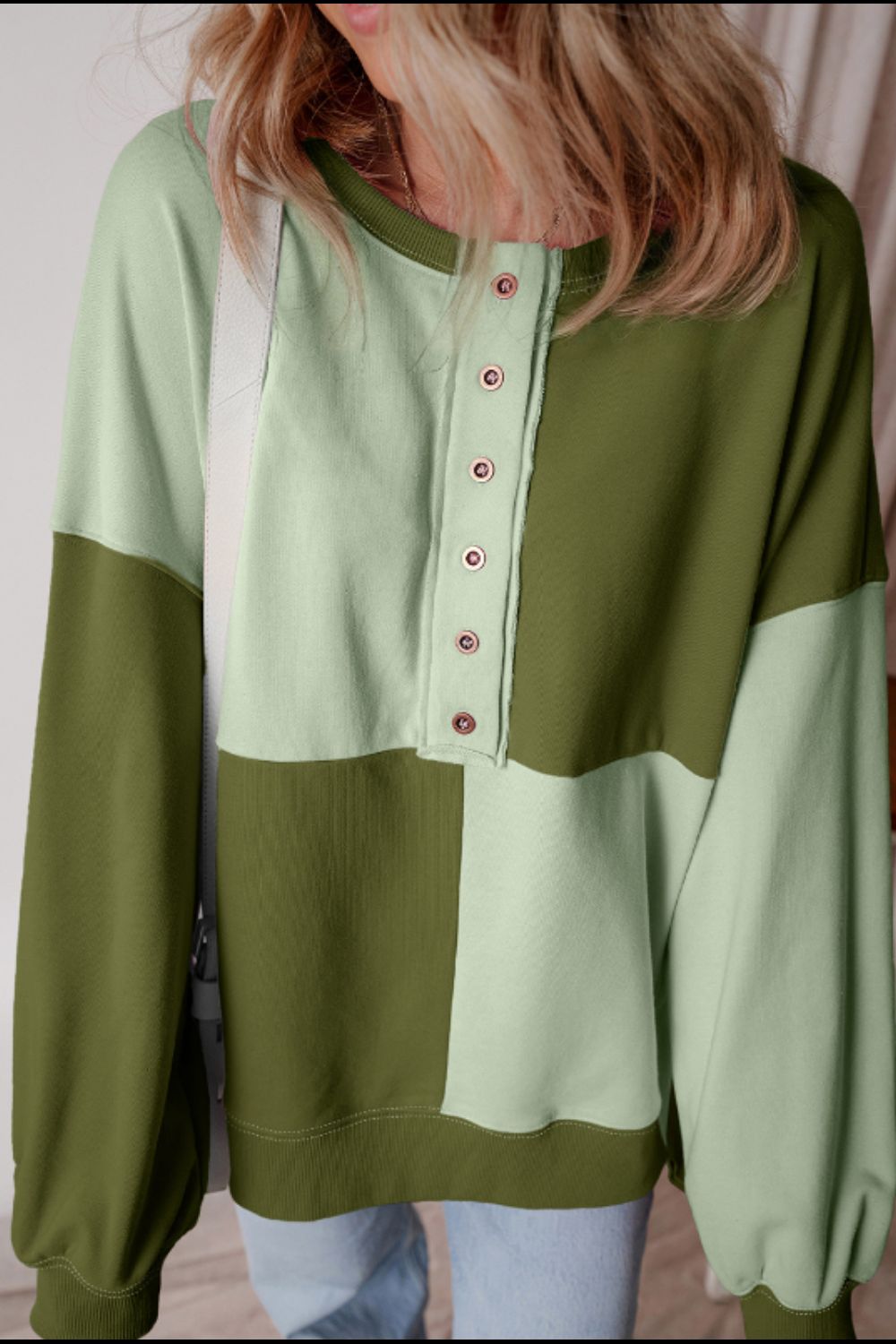 LIZAKOSHT  -  Color Block Half Button Long Sleeve Sweatshirt