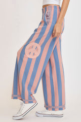 LIZAKOSHT  -  Umgee Peace Sign Patch Striped Wide Leg Pants